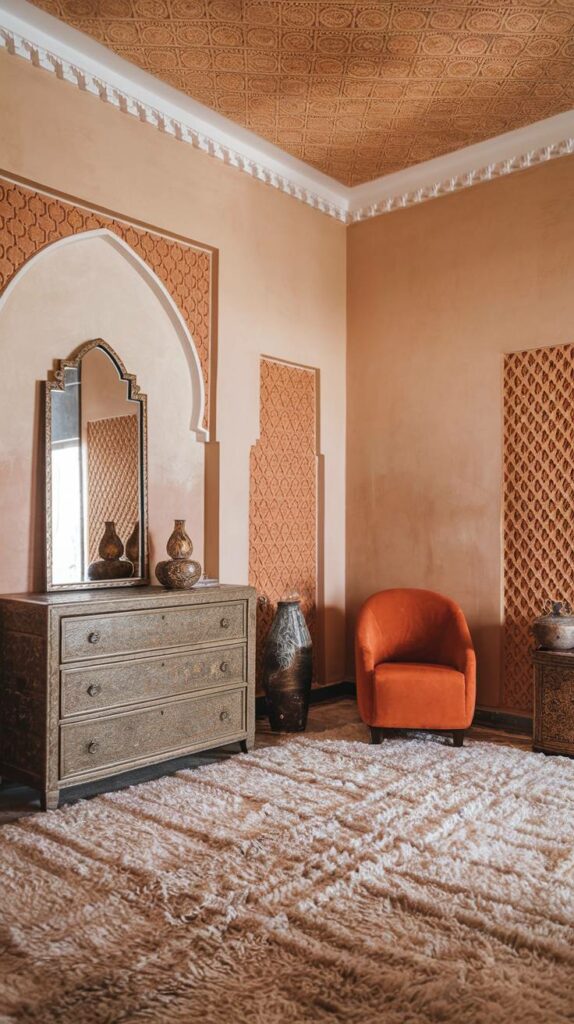 16. Beige and Orange Patterned Wall Moroccan Bedroom