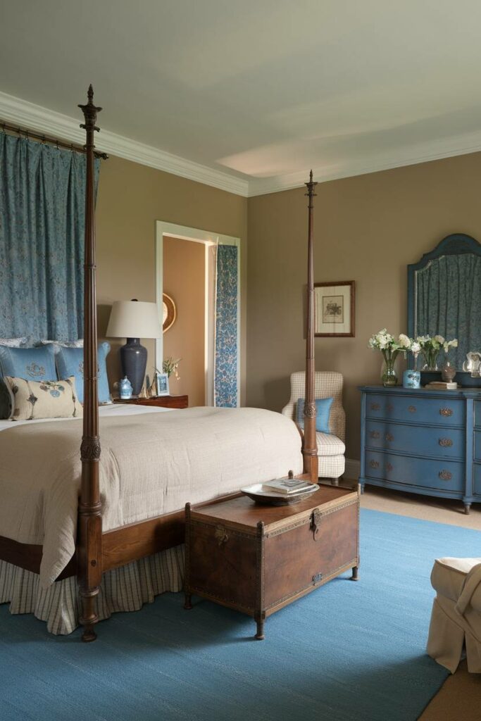 16. Blue and Beige Color Scheme Traditional Bedroom Design