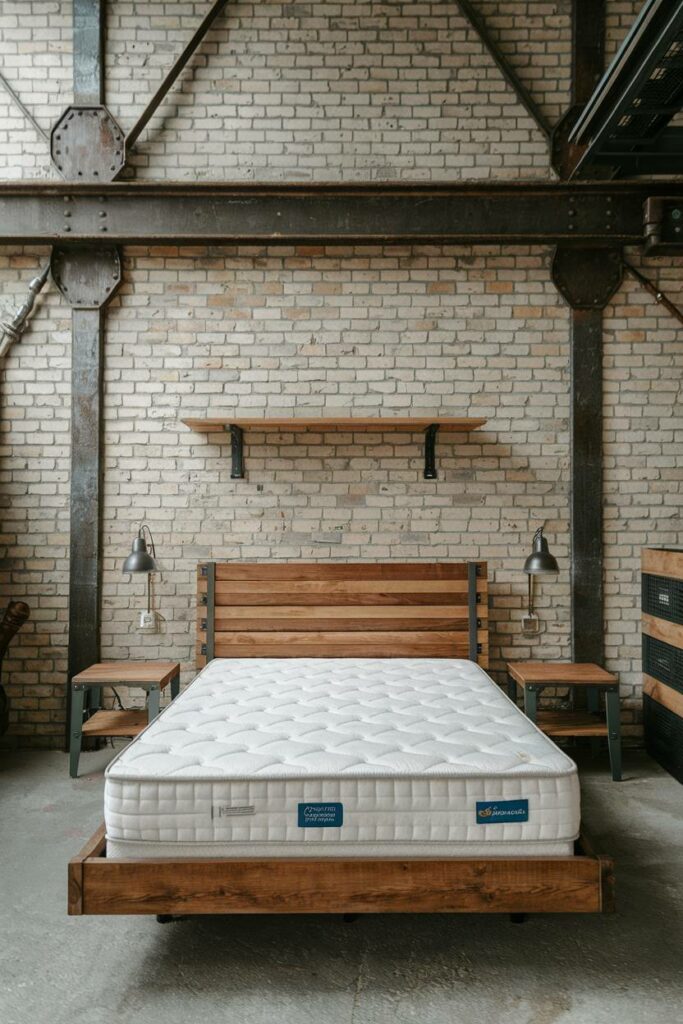 16. Queen Bed with Wooden Shelf Industrial Bedroom