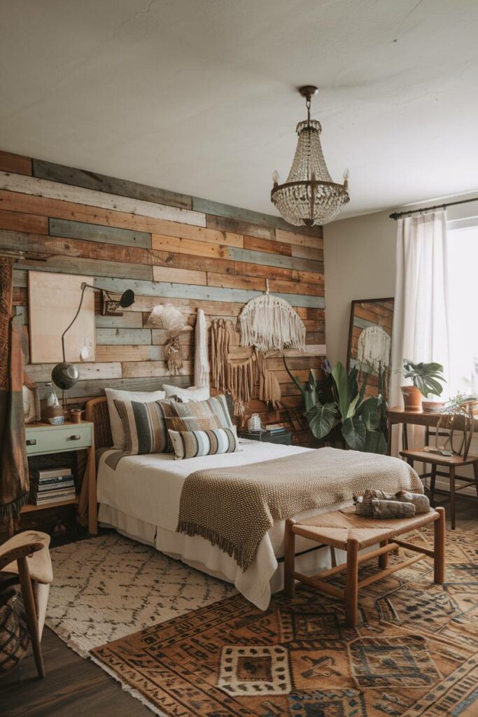 16. Wooden Plank Wall Bohemian Bedroom