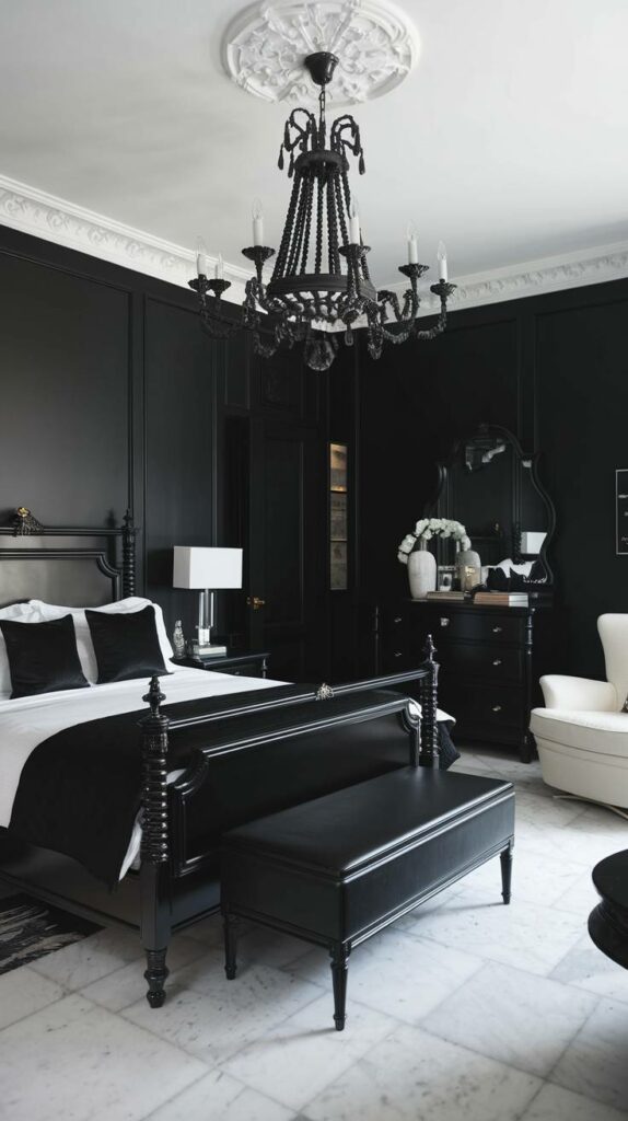 17. Black Bed with White Dresser Black Bedroom