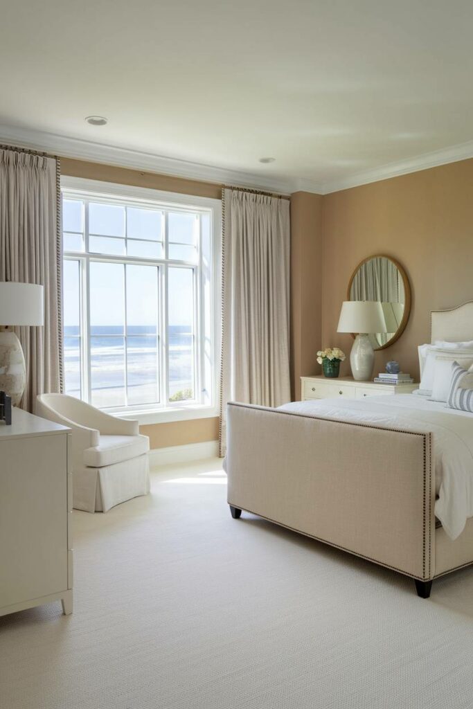 17. Ocean View Beige and White Coastal Bedroom Design