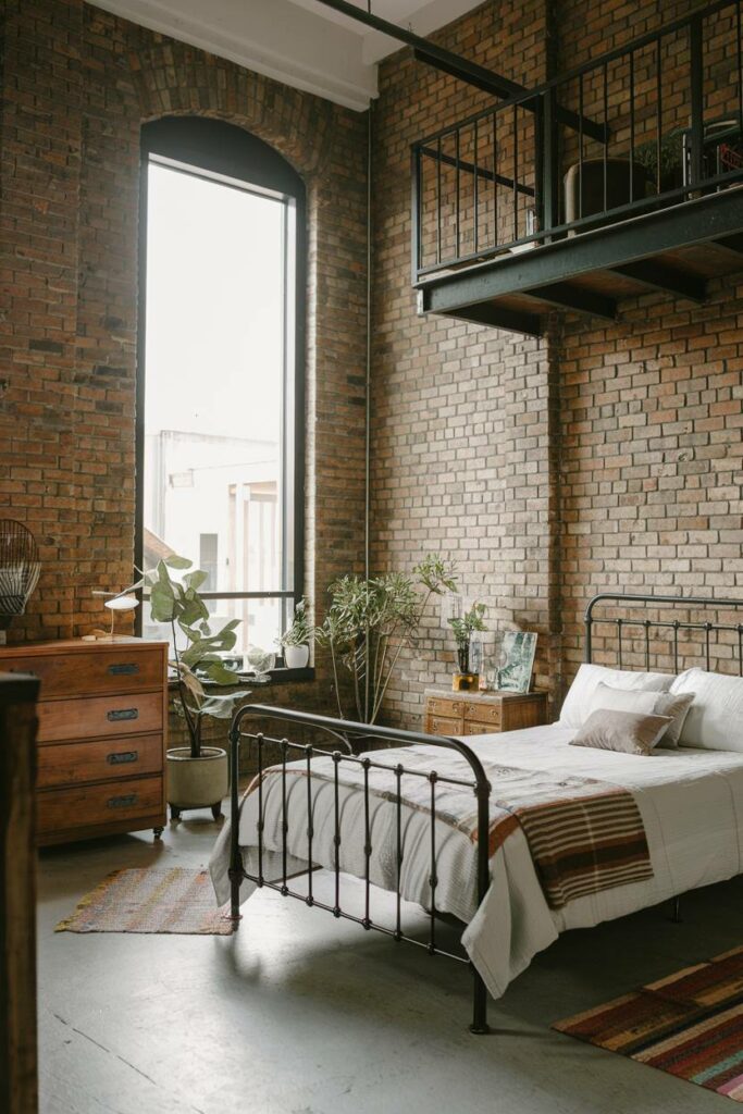 17. Plant and Rug with Loft Industrial Bedroom