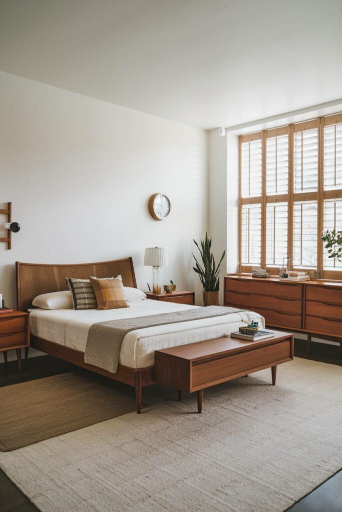 17. White Wall with Wooden Furniture Set Mid-Century Modern Bedroom