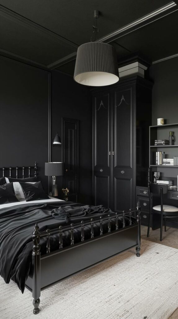 18. Black Ceiling and Furniture Black Bedroom