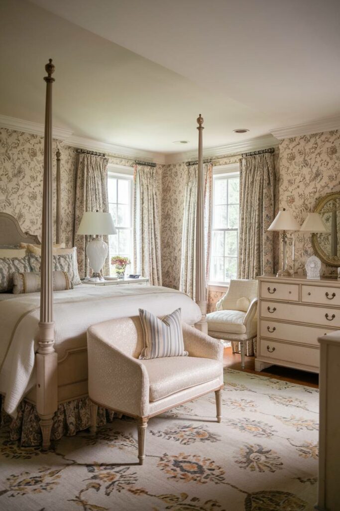 18. Floral Wallpaper and Patterned Rug Traditional Bedroom Design