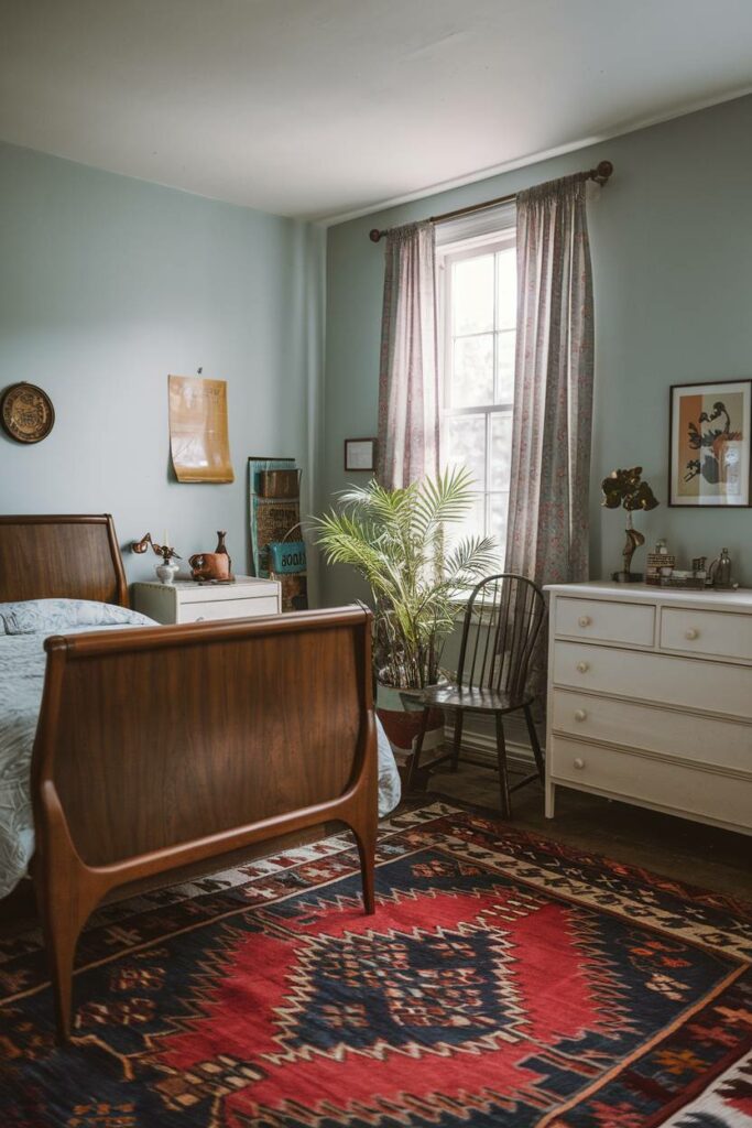 18. Light Blue and Plant Decor Vintage Bedroom Design