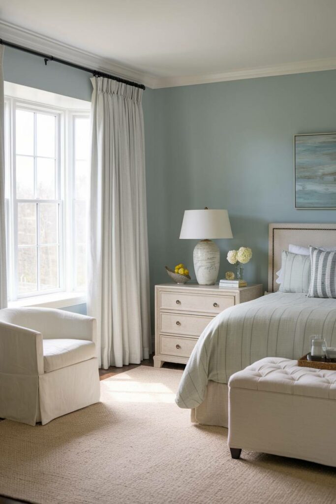 18. Soft Blue Hue with Beige Rug Coastal Bedroom Design