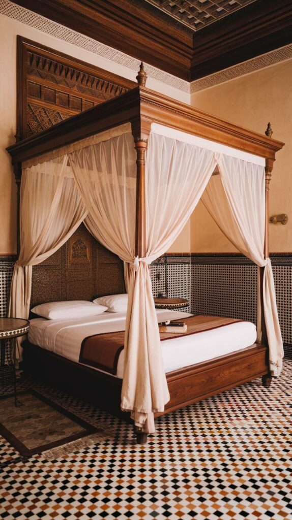 18. Warm Hue Canopy Bed Moroccan Bedroom