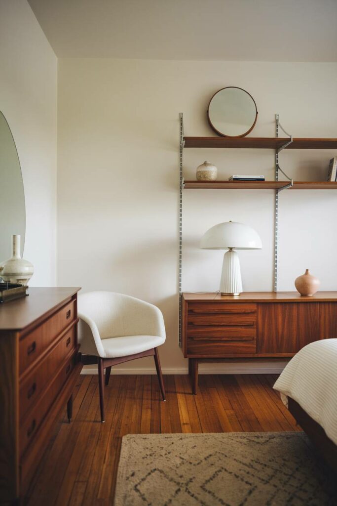 18. White Bed with Wooden Legs Mid-Century Modern Bedroom