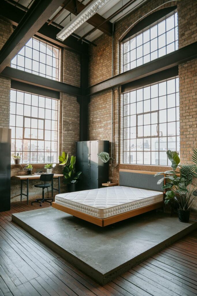 18. Wood Flooring with Potted Plants Industrial Bedroom