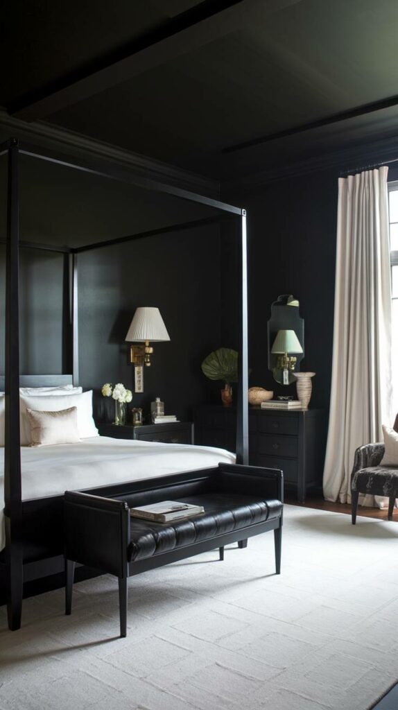 19. Canopy Bed with Wall-Mounted Lamp Black Bedroom