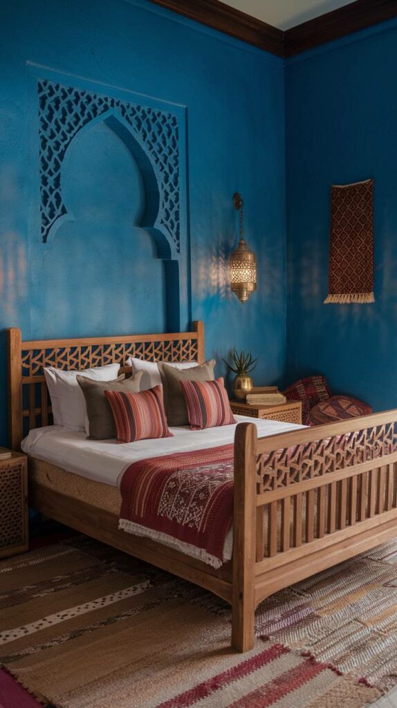 19. Deep Blue Hue Inviting Moroccan Bedroom