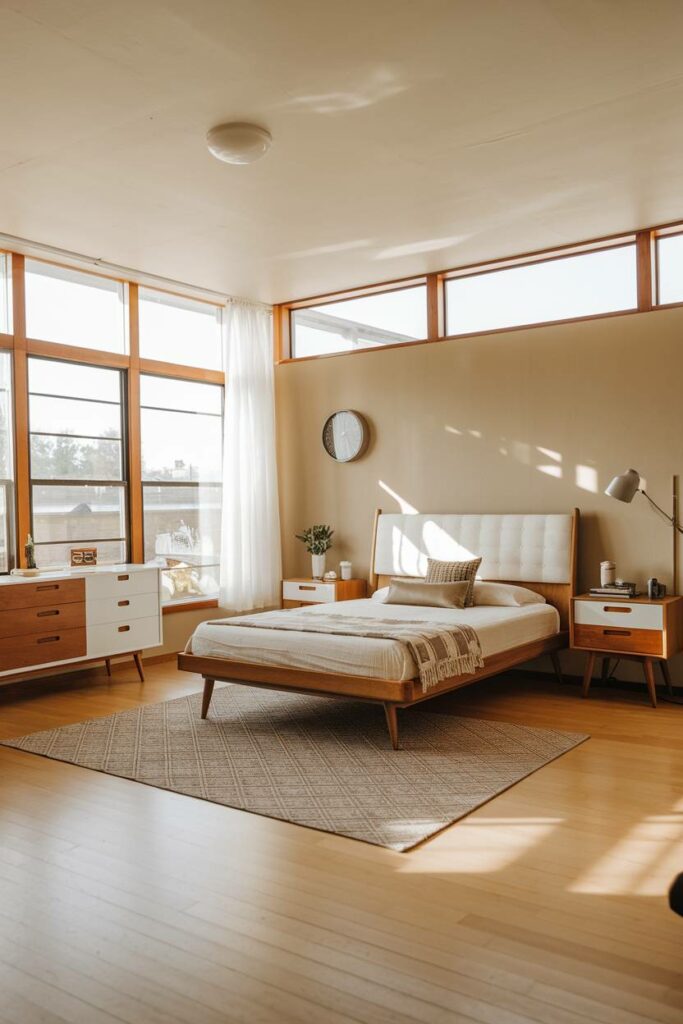 19. Patterned Rug and Large Windows Mid-Century Modern Bedroom