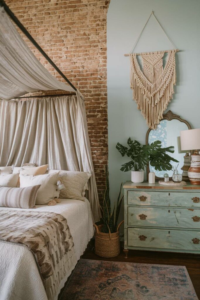 19. Rustic Brick Wall Bohemian Bedroom