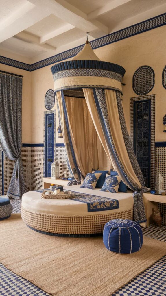 2. Beige and Blue Canopy Moroccan Bedroom