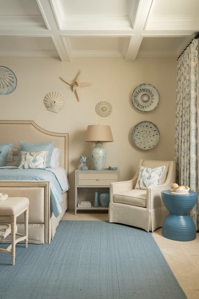 2. Beige and Blue Seaside Serenity Coastal Bedroom Design Ideas