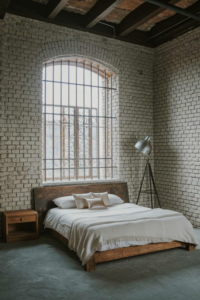 2. Rustic Wooden Bed with Iron Bars Window Industrial Bedroom