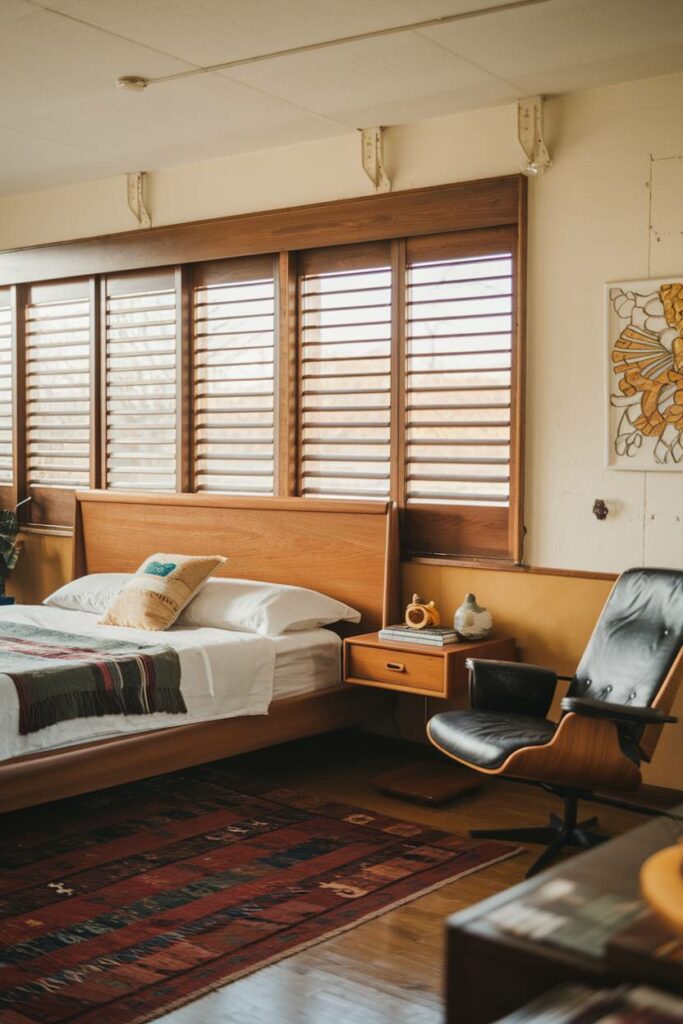 2. Warmer Hue with Wooden Louvers Mid-Century Modern Bedroom