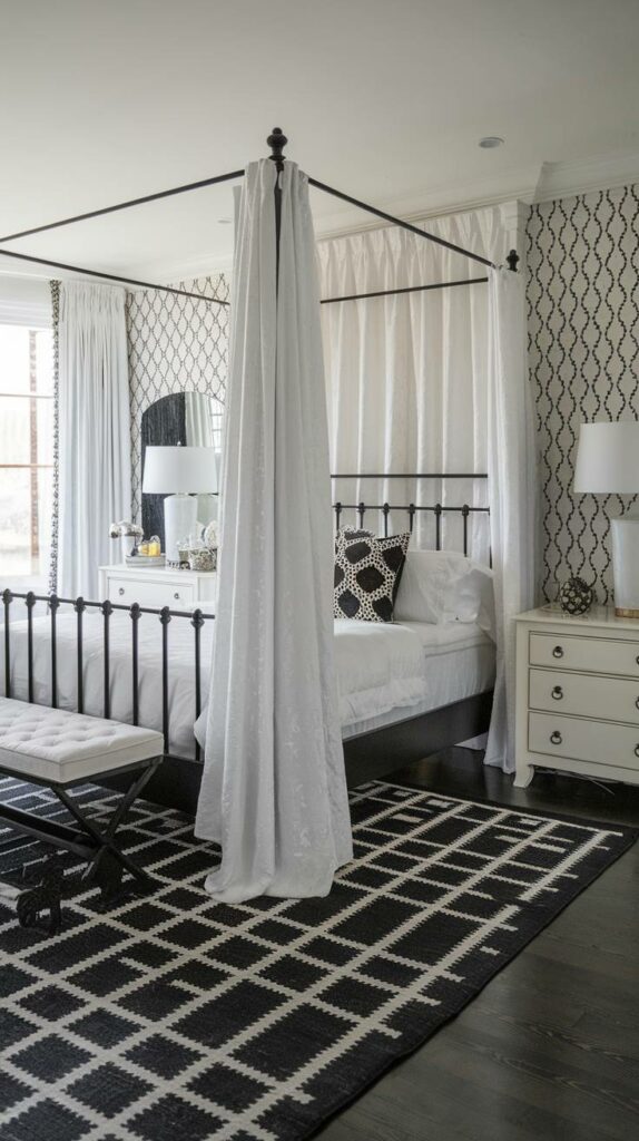 20. Black and White Patterned Wallpaper Black Bedroom