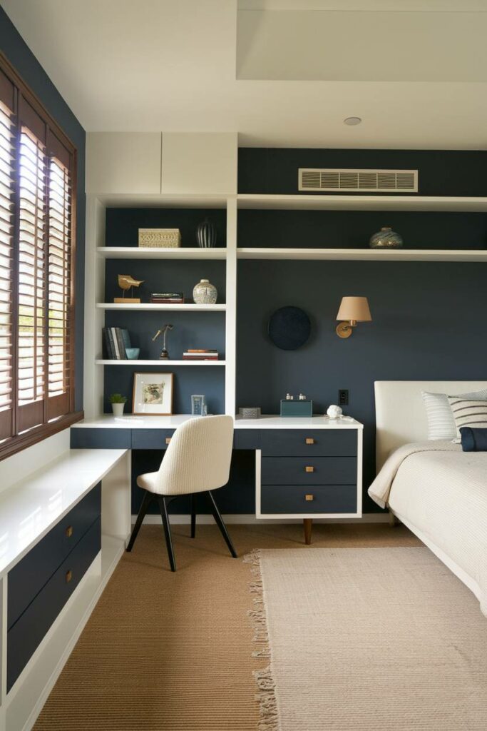 20. Dark Blue Wall with White Built-In Shelves Mid-Century Modern Bedroom Design Ideas