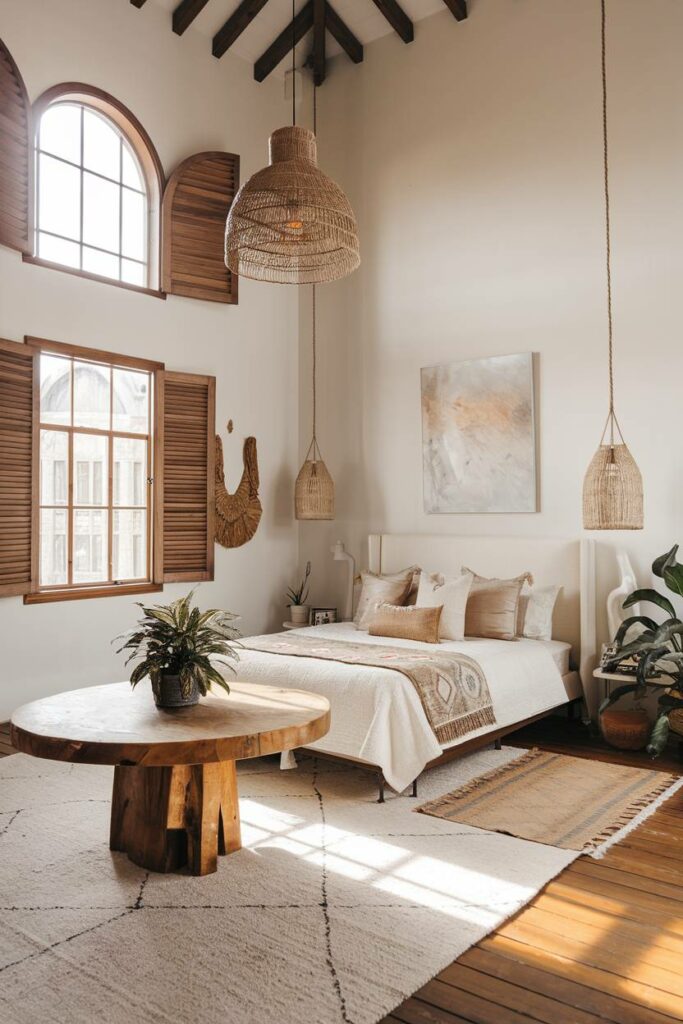 20. High Ceiling with Wooden Shutters Bohemian Bedroom