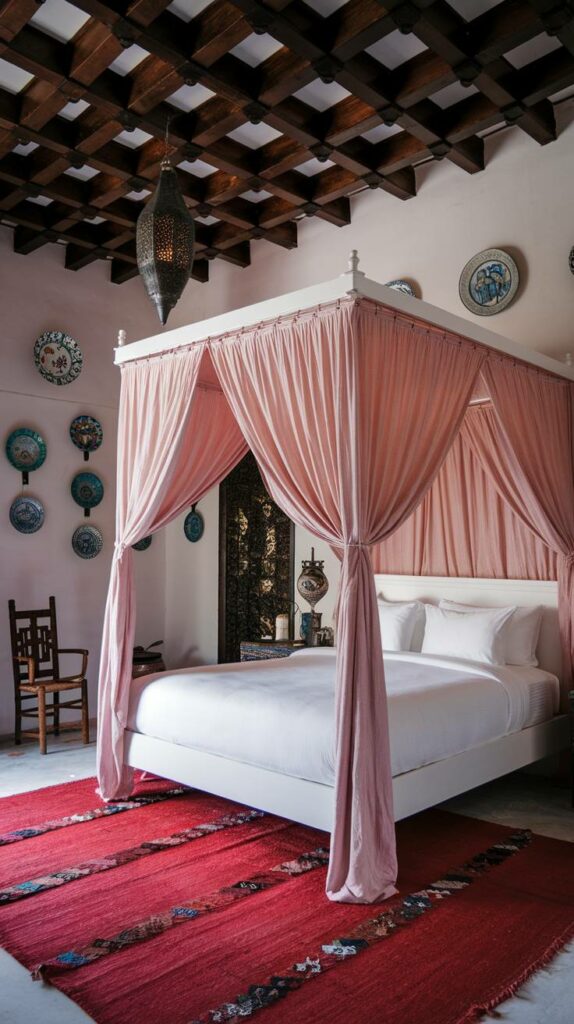 20. Pink Canopy White Four-Poster Moroccan Bedroom