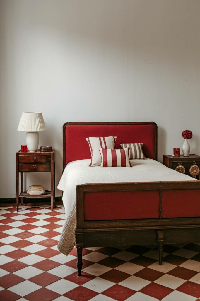 20. Red and White Checkered Floor Vintage Bedroom Design