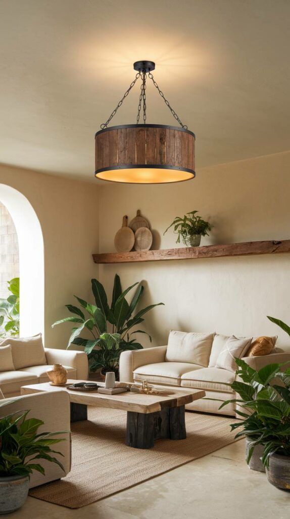 20. Rustic Wooden Drum Shade Ceiling Lamp