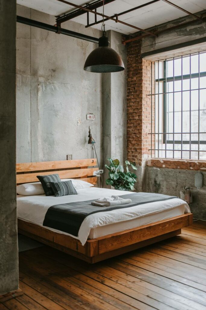 20. Rustic and Modern Concrete Walls Industrial Bedroom