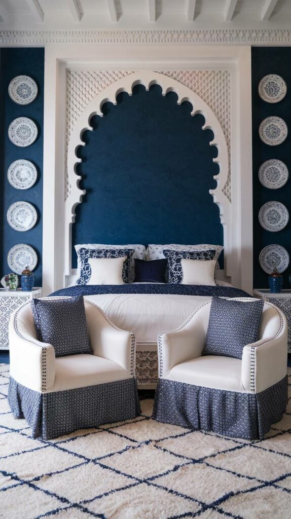 3. Dark Blue and White Patterned Moroccan Bedroom