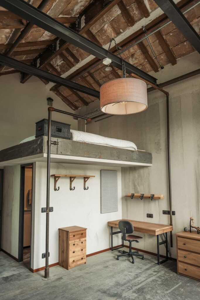 3. Loft Bed with Metal Pipe Lampshade Industrial Bedroom