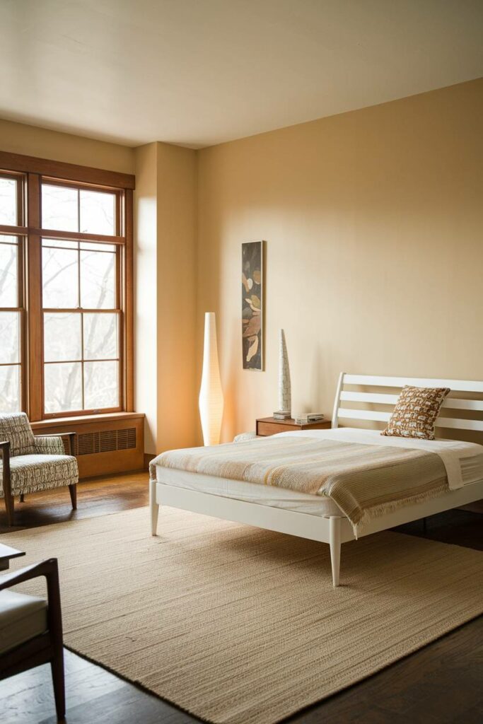 3. Soft Beige with Patterned Chair Mid-Century Modern Bedroom