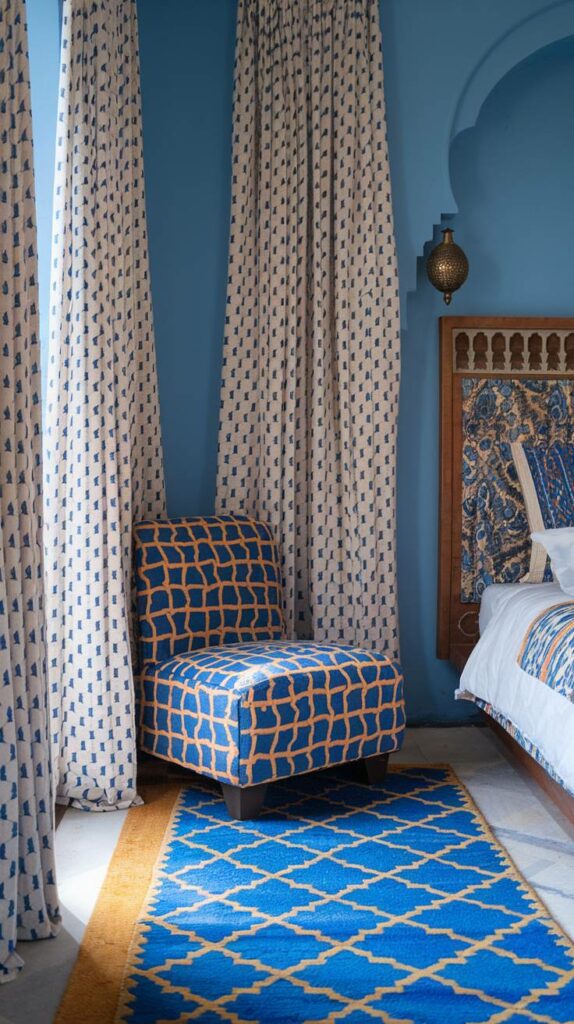 4. Blue and Orange Patterned Moroccan Bedroom