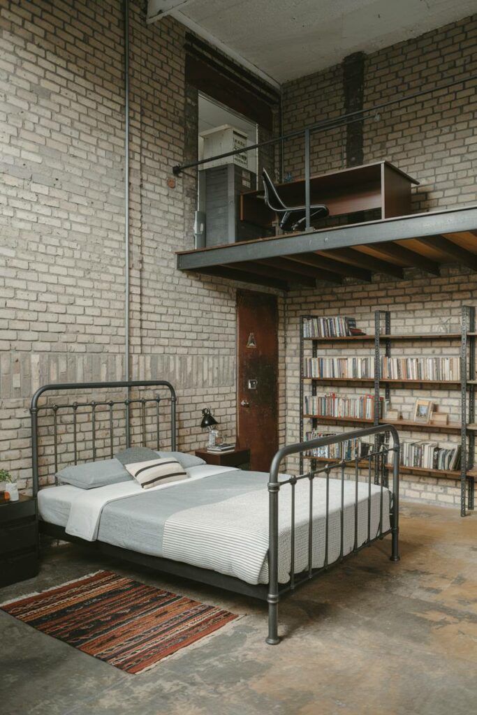 4. Metal Bed Frame with Loft Desk Industrial Bedroom