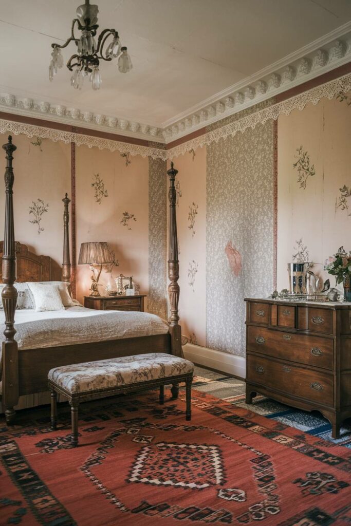 4. Patterned Rug and Floral Walls Traditional Bedroom Design