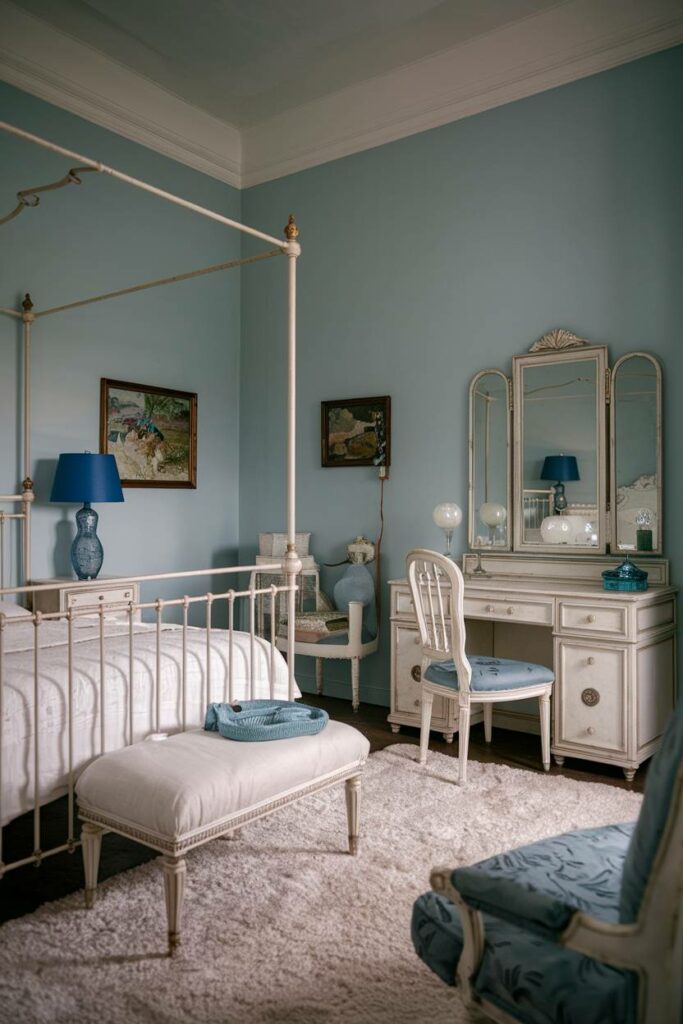 4. Soft Blue Canopy Vintage Bedroom Design