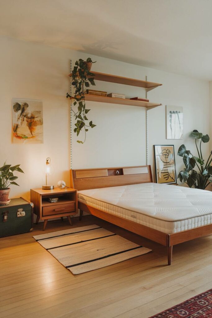 4. Vintage Suitcase and Potted Plants Mid-Century Modern Bedroom