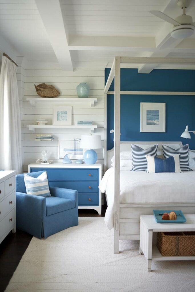 5. Blue Accent Wall Coastal Bedroom Design