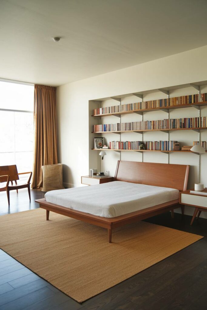 5. Built-In Wooden Bookshelf Mid-Century Modern Bedroom