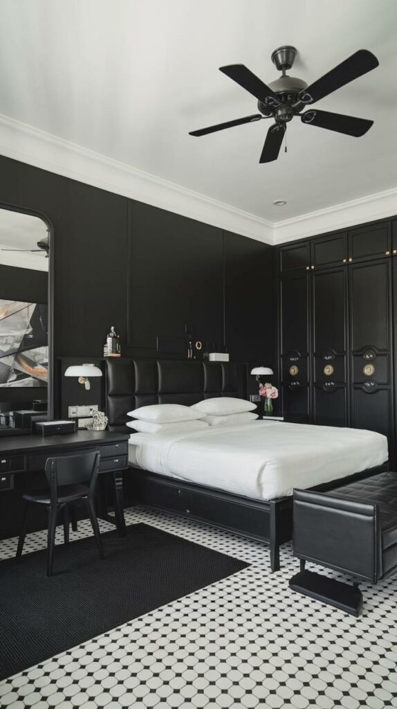 5. King-Size Bed with Wall Mirror Black Bedroom