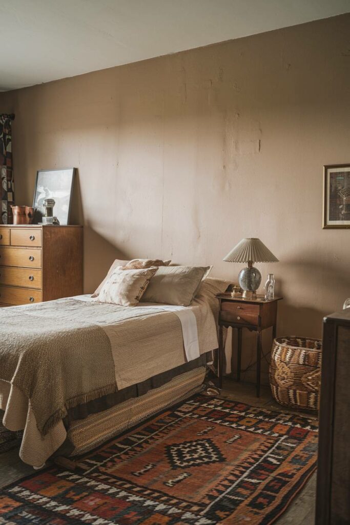 6. Beige and Patterned Rug Vintage Bedroom Design