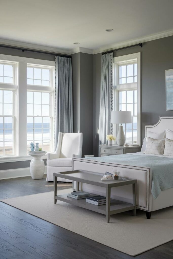 6. Grey and White Elegance Coastal Bedroom Design