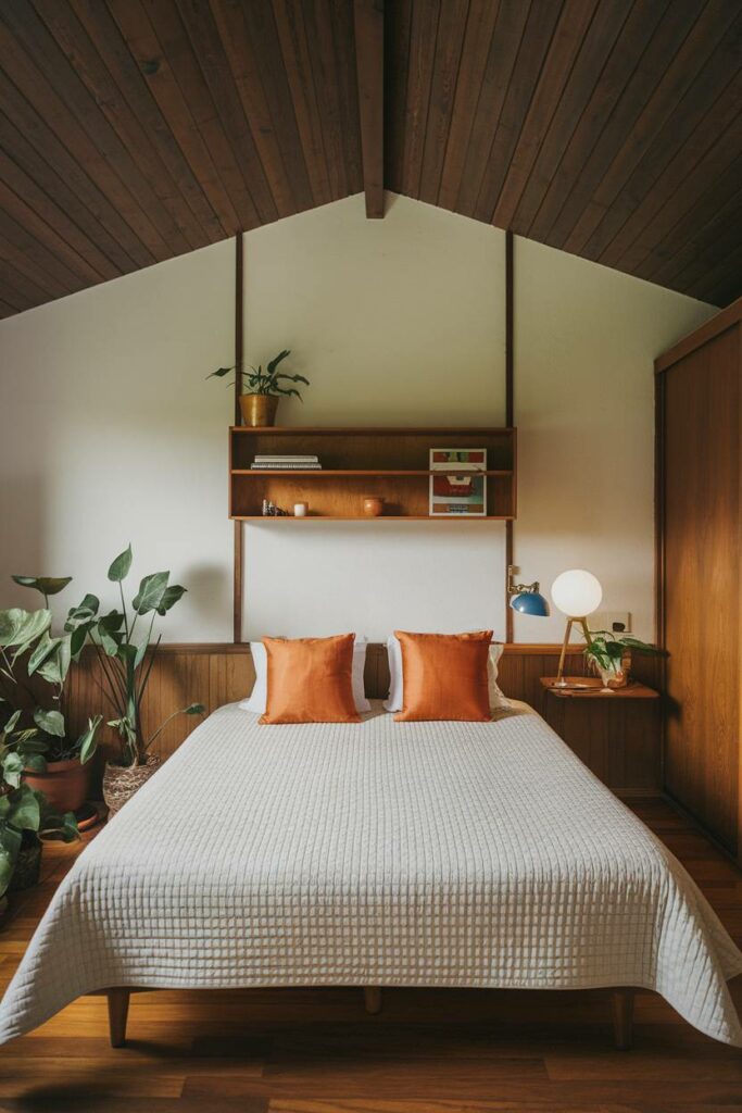 6. Wooden Ceiling and Walls Mid-Century Modern Bedroom