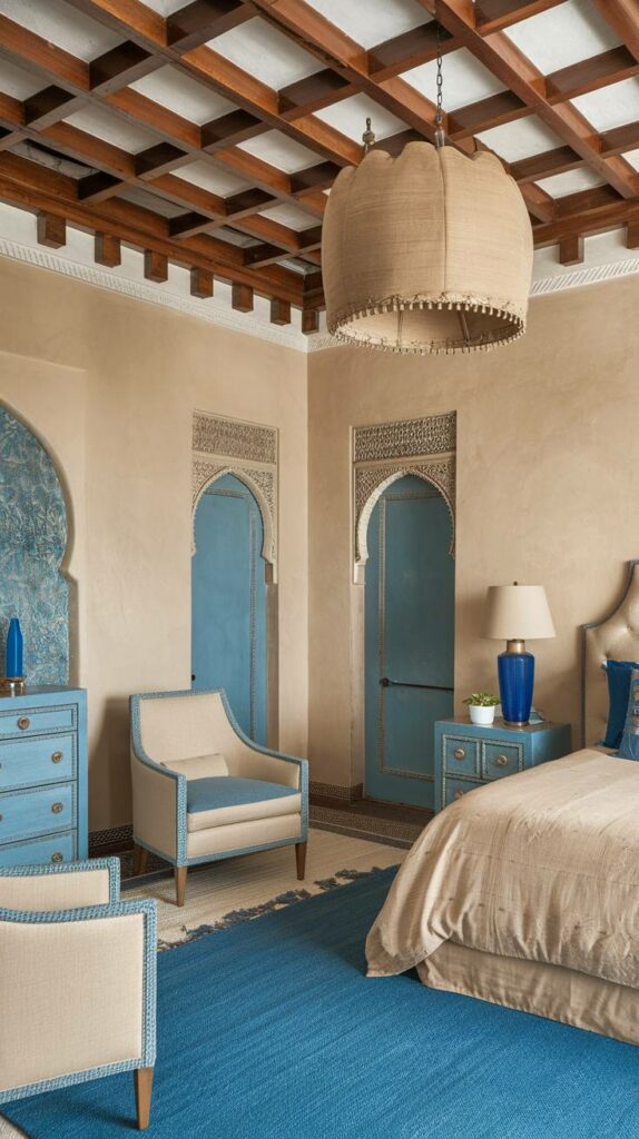 7. Blue and Beige Patterned Moroccan Bedroom