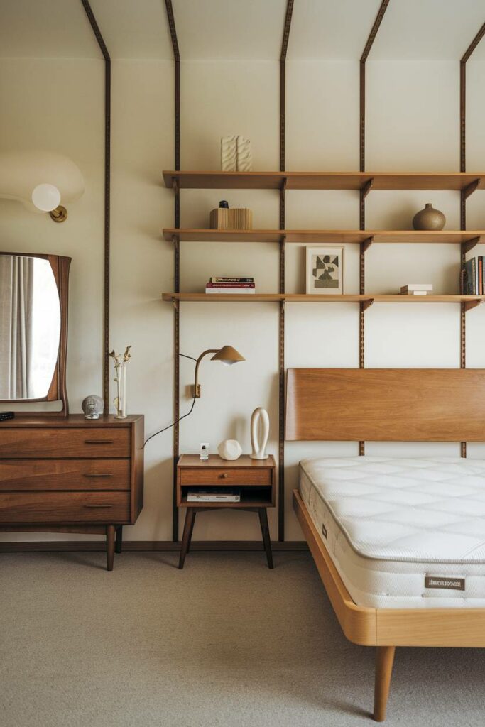 7. Light Wooden Floor and Large Headboard Mid-Century Modern Bedroom