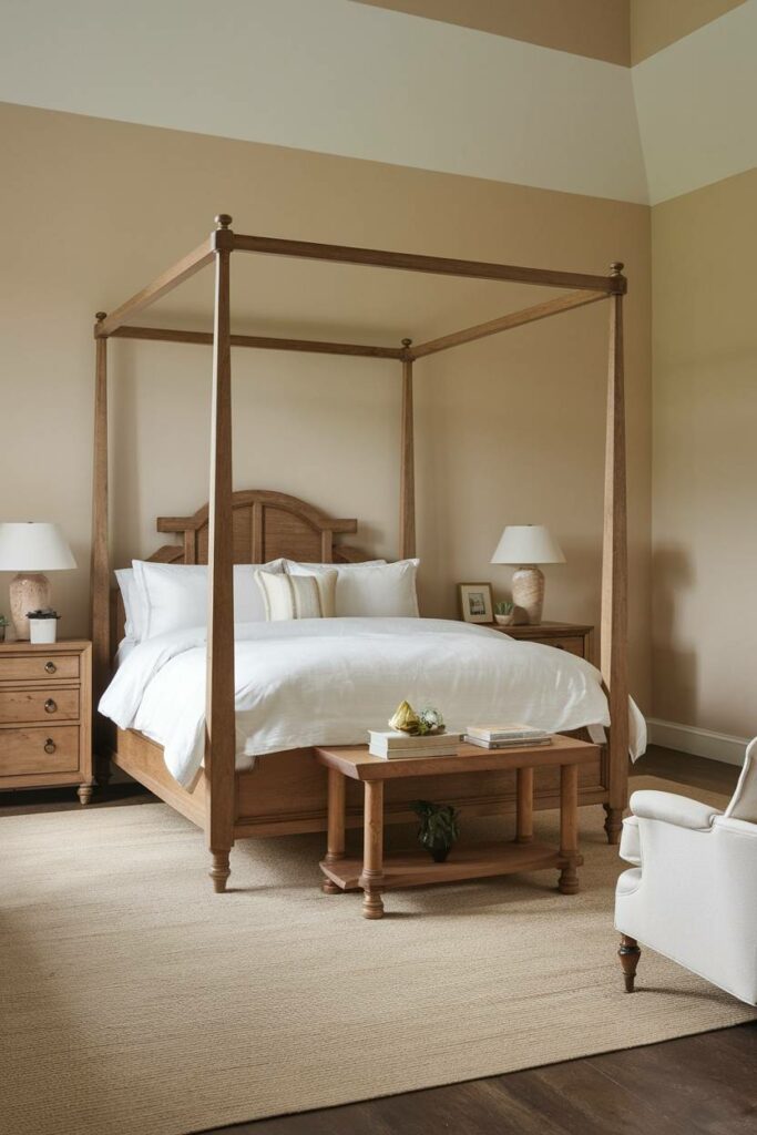 7. Soft Beige and Wooden Furniture Traditional Bedroom Design