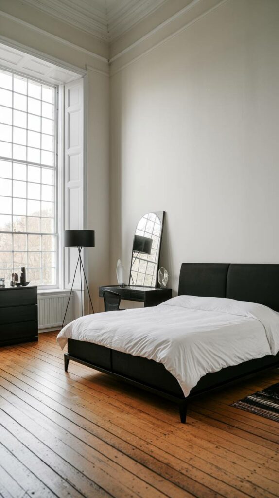 8. High Ceiling and Large Windows Black Bedroom