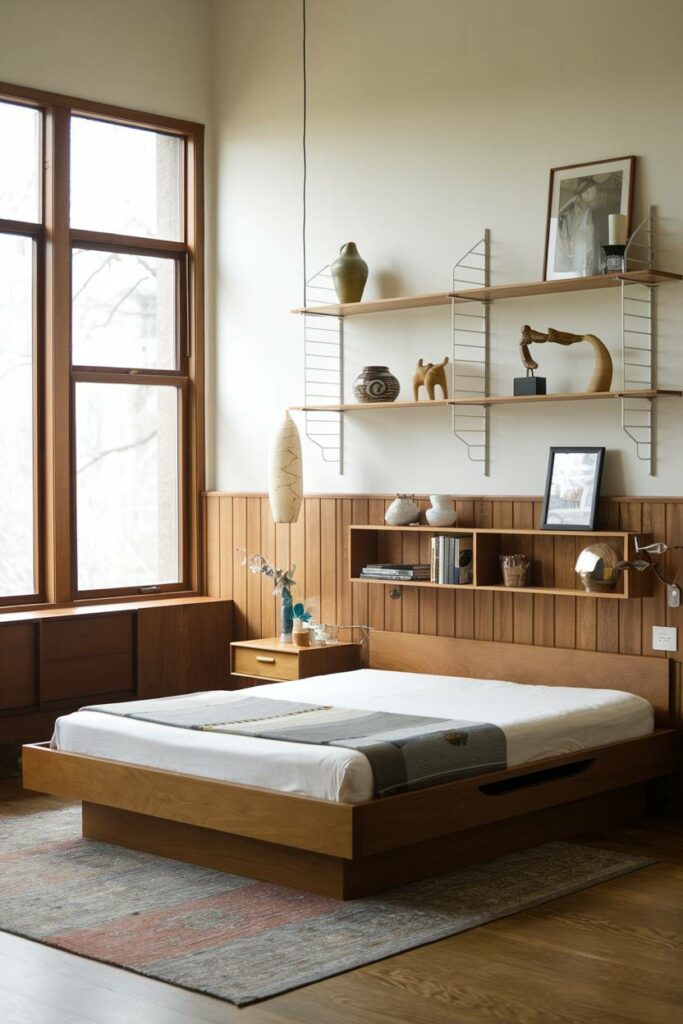 8. Wood-Paneled Wall with Platform Bed Mid-Century Modern Bedroom