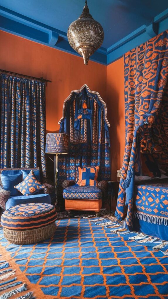 9. Blue and Orange Vibrant Moroccan Bedroom